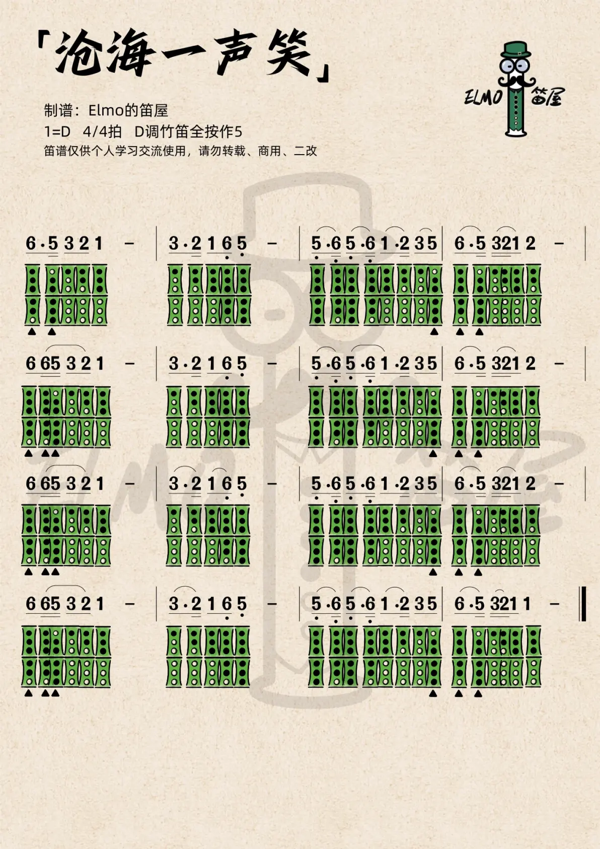 《沧海一声笑》竹笛洞洞谱