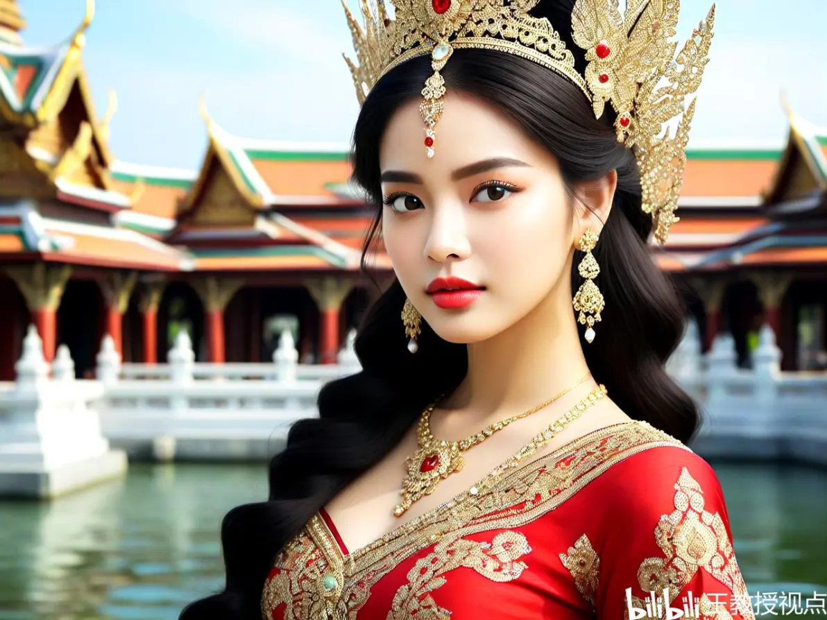 工笔画韵:泰国皇宫古建筑中的佳人倩影