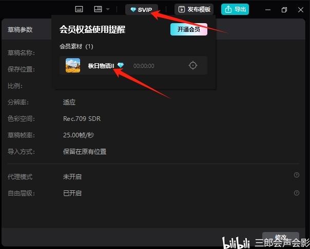 剪映专业版提示开通会员并导出时怎样知道使用了哪些svip功能 - 哔哩哔哩