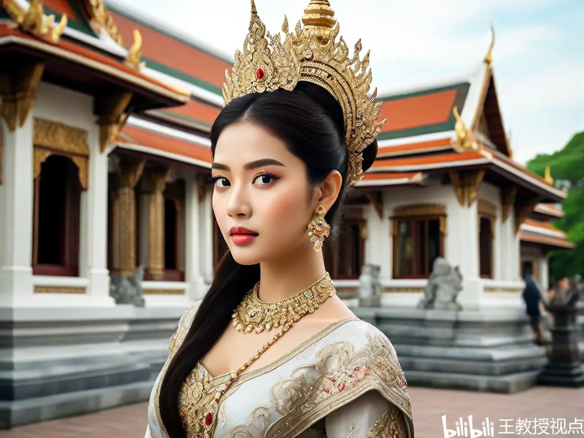 工笔画韵:泰国皇宫古建筑中的佳人倩影
