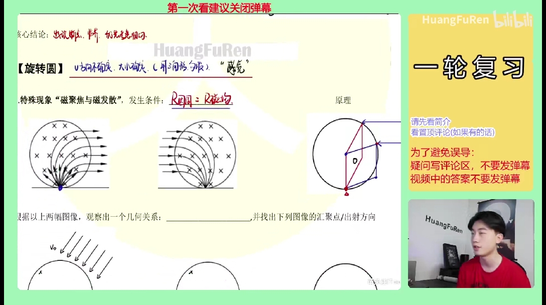 幾何關係:焦點與圓心的連線垂直於v方向磁聚焦/磁發散類型題目的特徵