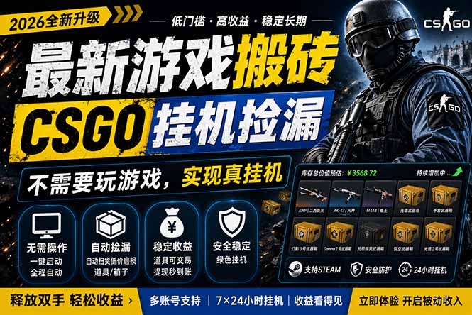 最新游戏搬砖，CSGO纯挂机，不需要玩游戏，实现真挂机，月入1W ，五一小高峰上车可吃肉，…_-七宝：认真做好一件事