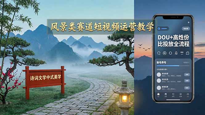 风景类赛道短视频运营教学：诗词文学中式美学，新号养号对标账号定位，DOU 高性价比投放全流程_-七宝：认真做好一件事