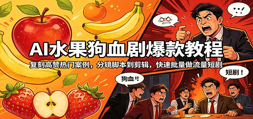 AI水果狗血剧爆款教程：复刻高赞热门案例，分镜**到剪辑，快速批量做流量短剧-七宝：认真做好一件事