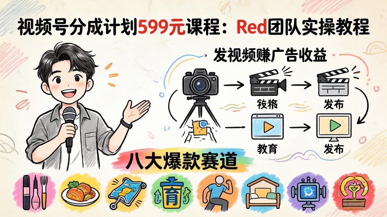 视频号分成计划599元课程：Red团队实操教程，发视频赚广告收益，八大爆款赛道全掌握_-七宝：认真做好一件事