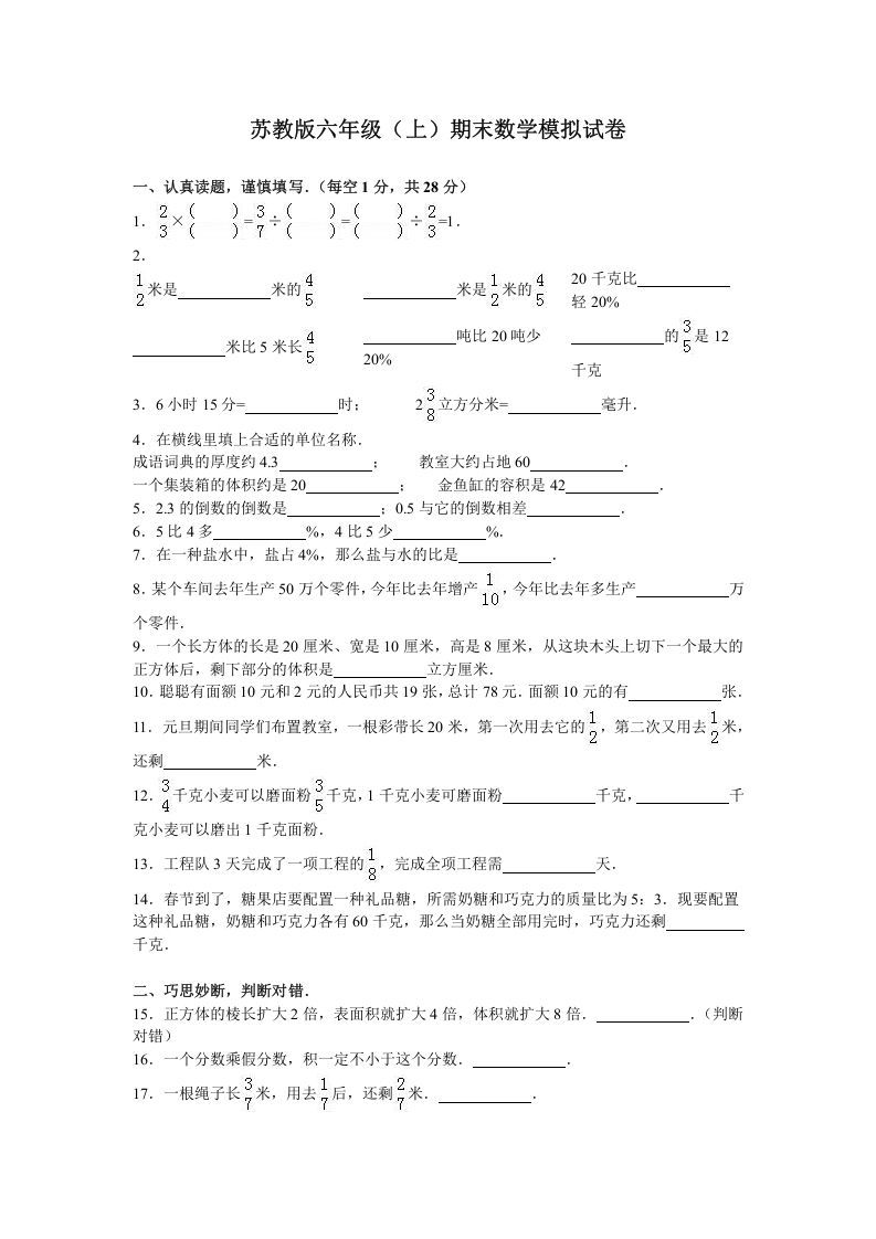 六年级数学上册学期期末测试卷10（苏教版）-七宝：认真做好一件事
